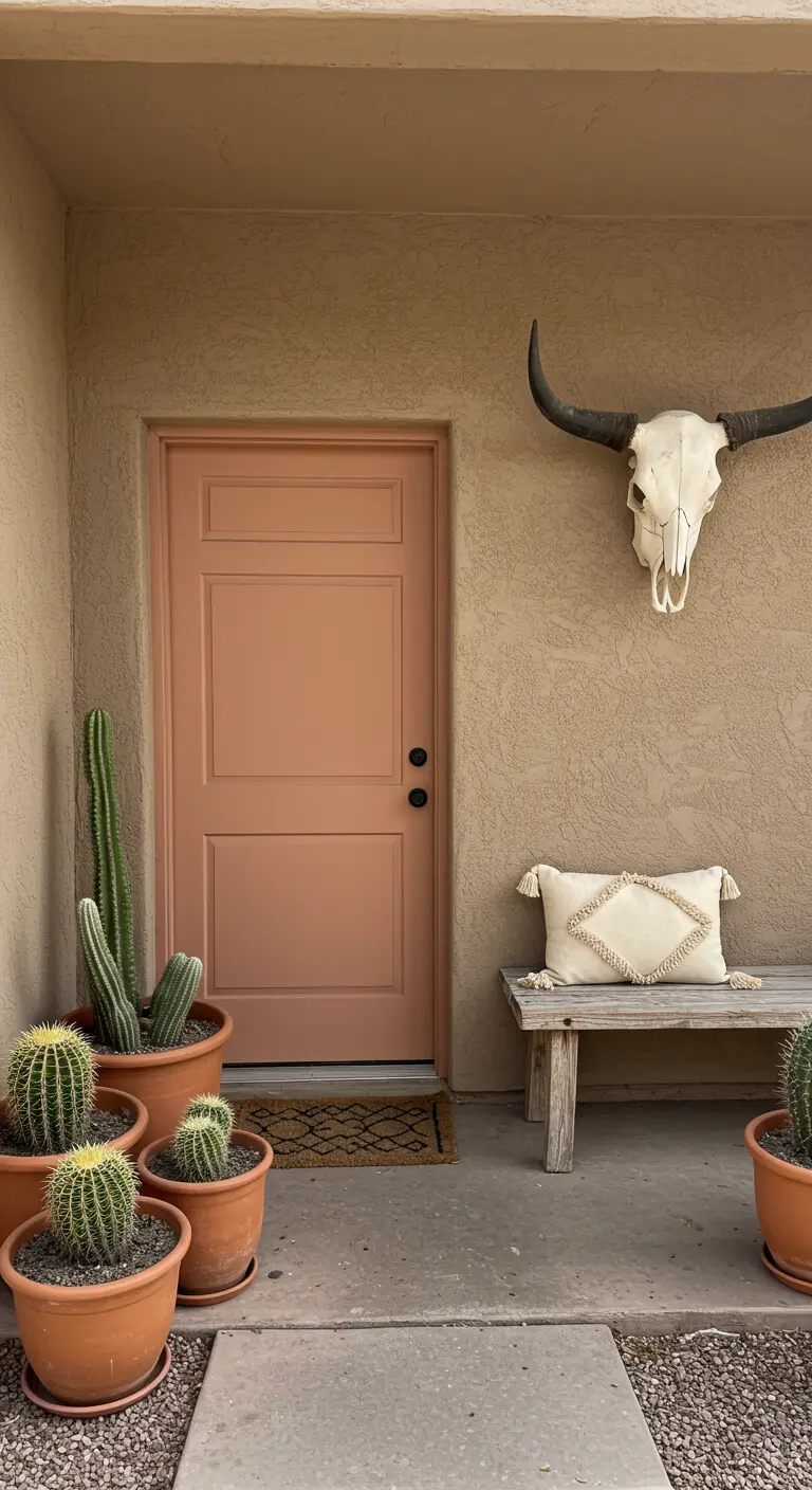 Porche de estilo desértico con puerta color terracota, cactus en macetas y un cráneo de toro en la pared.