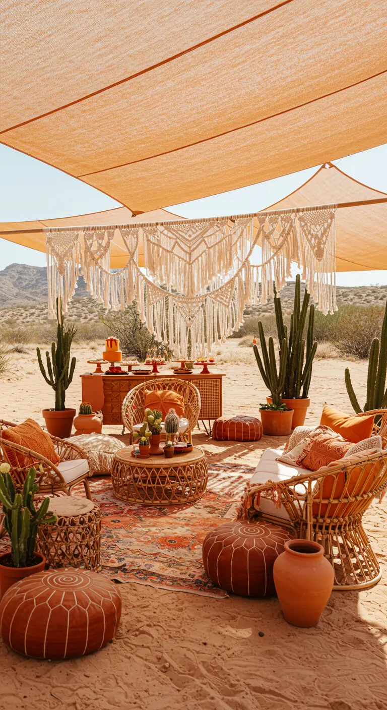 Fiesta de cumpleaños estilo desierto con muebles de ratán y un tapiz de macramé.