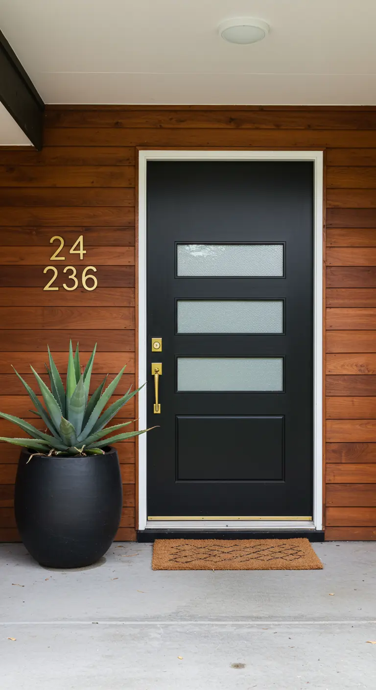 Entrada Mid-Century Modern con revestimiento de madera, puerta negra y un gran agave.
