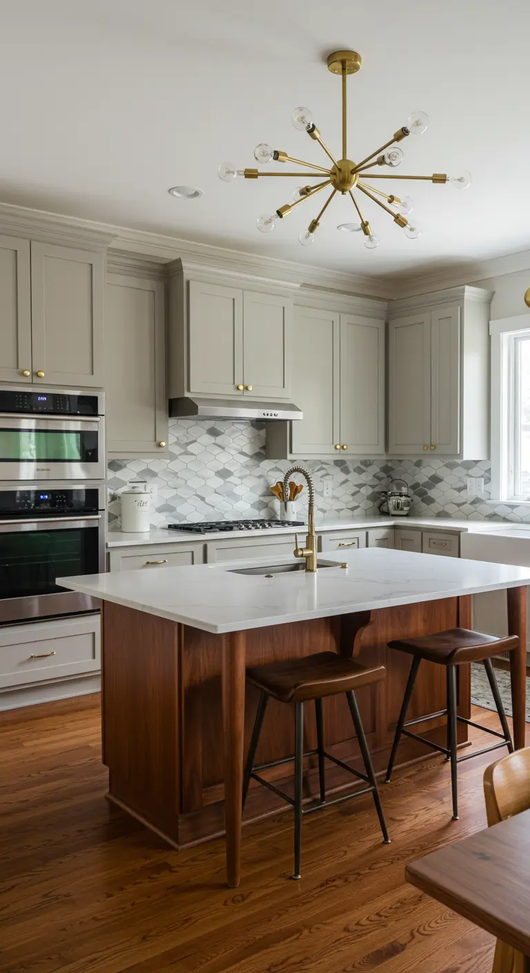 Cocina mid-century con lámpara Sputnik dorada, isla de madera y azulejos hexagonales.