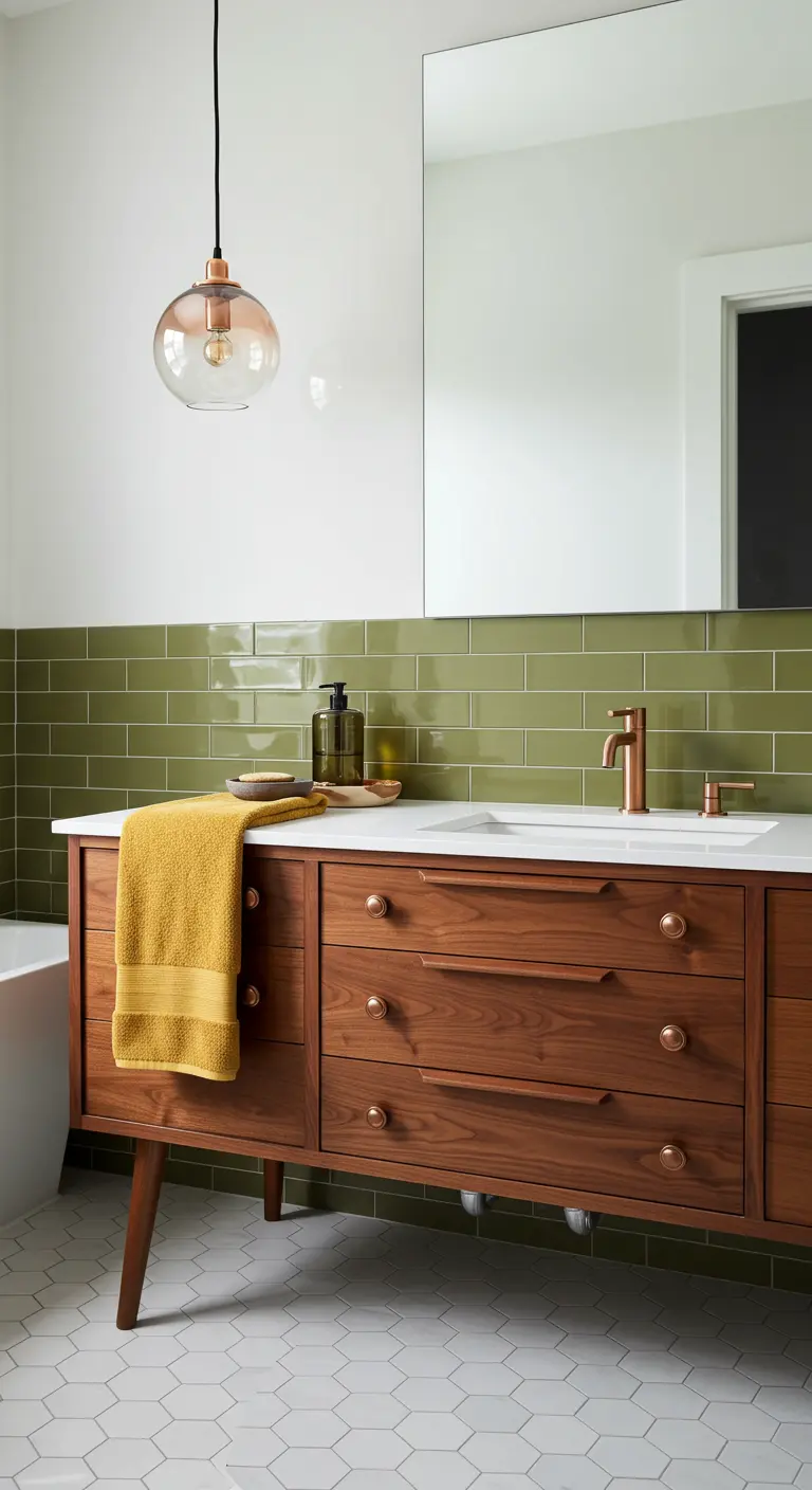 Baño Mid-Century Modern con azulejos verde oliva y mueble de madera de nogal.