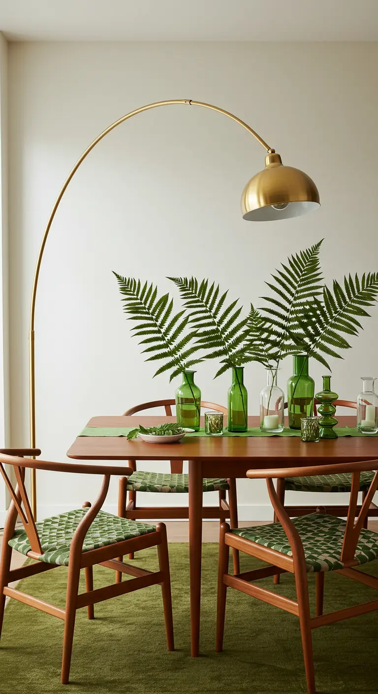 Mesa de comedor de estilo mid-century con sillas de madera y un centro de mesa de botellas verdes con helechos.