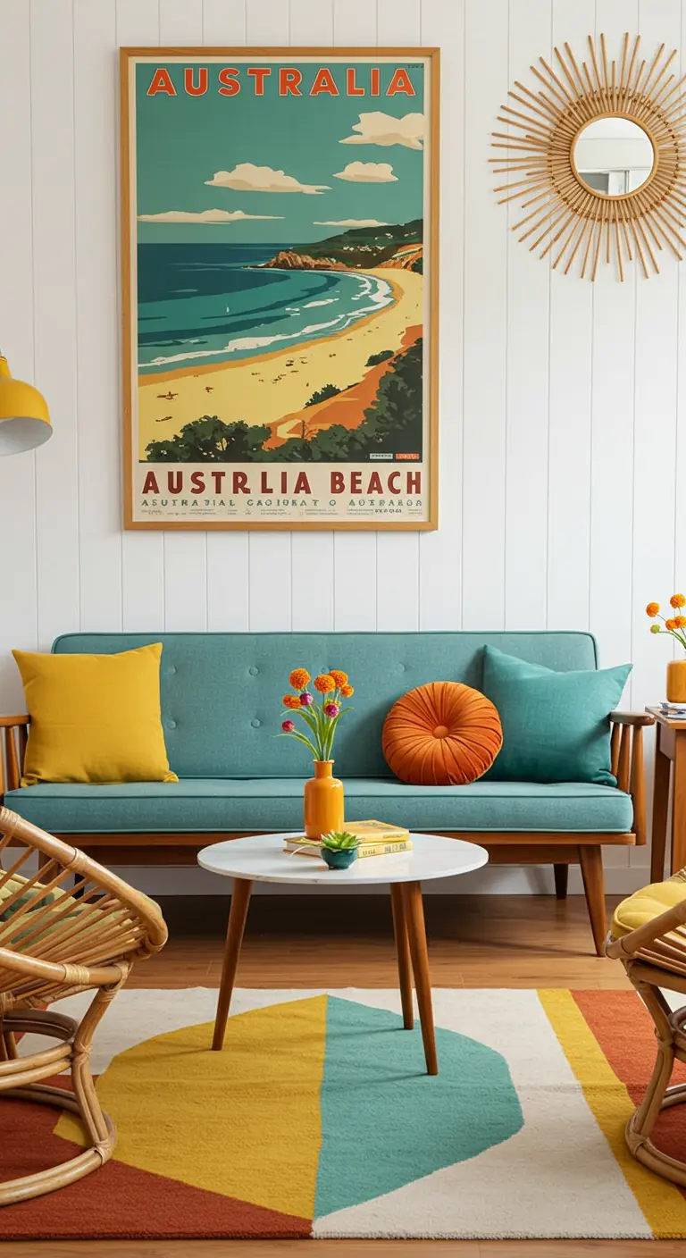 Salón de estilo retro con un póster de viajes de Australia, sofá azul y muebles de mediados de siglo.