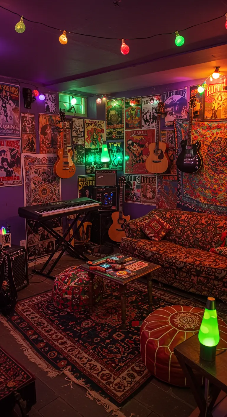 Sala de música de estilo retro llena de pósteres, guitarras colgadas y luces de colores.