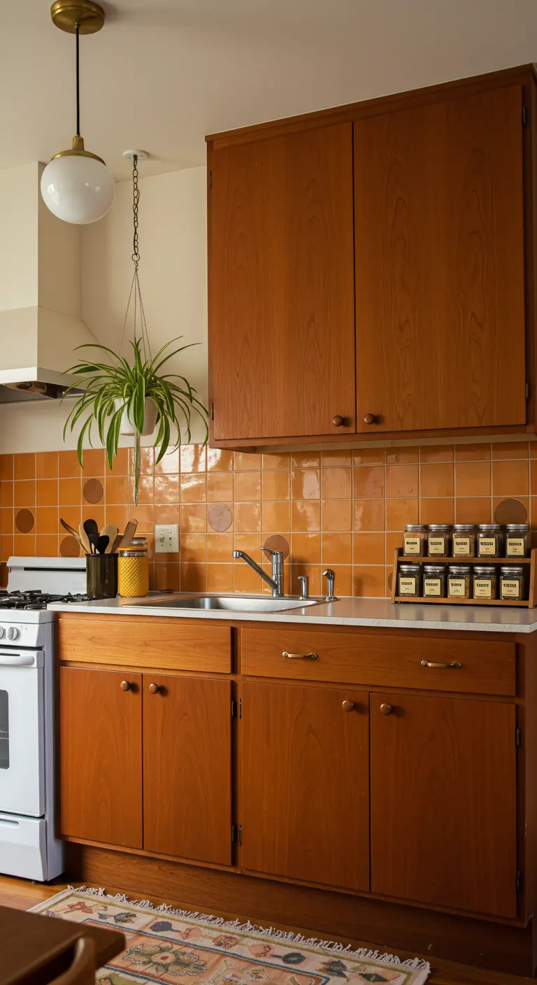 Cocina de estilo retro con gabinetes de madera, azulejos naranjas y una planta araña colgante.