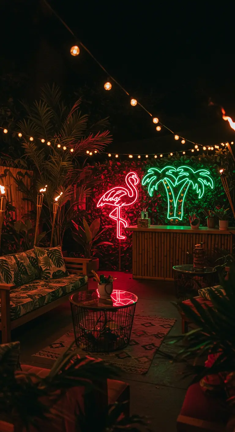 Patio con decoración tropical, neones de flamenco y palmera, y antorchas.