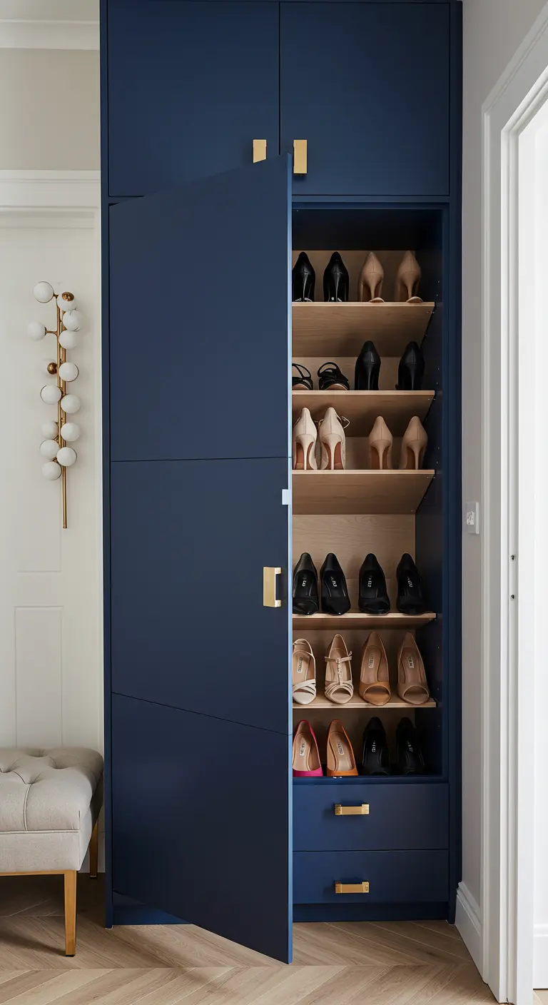 Armario zapatero alto de color azul marino con las puertas abiertas mostrando los zapatos.