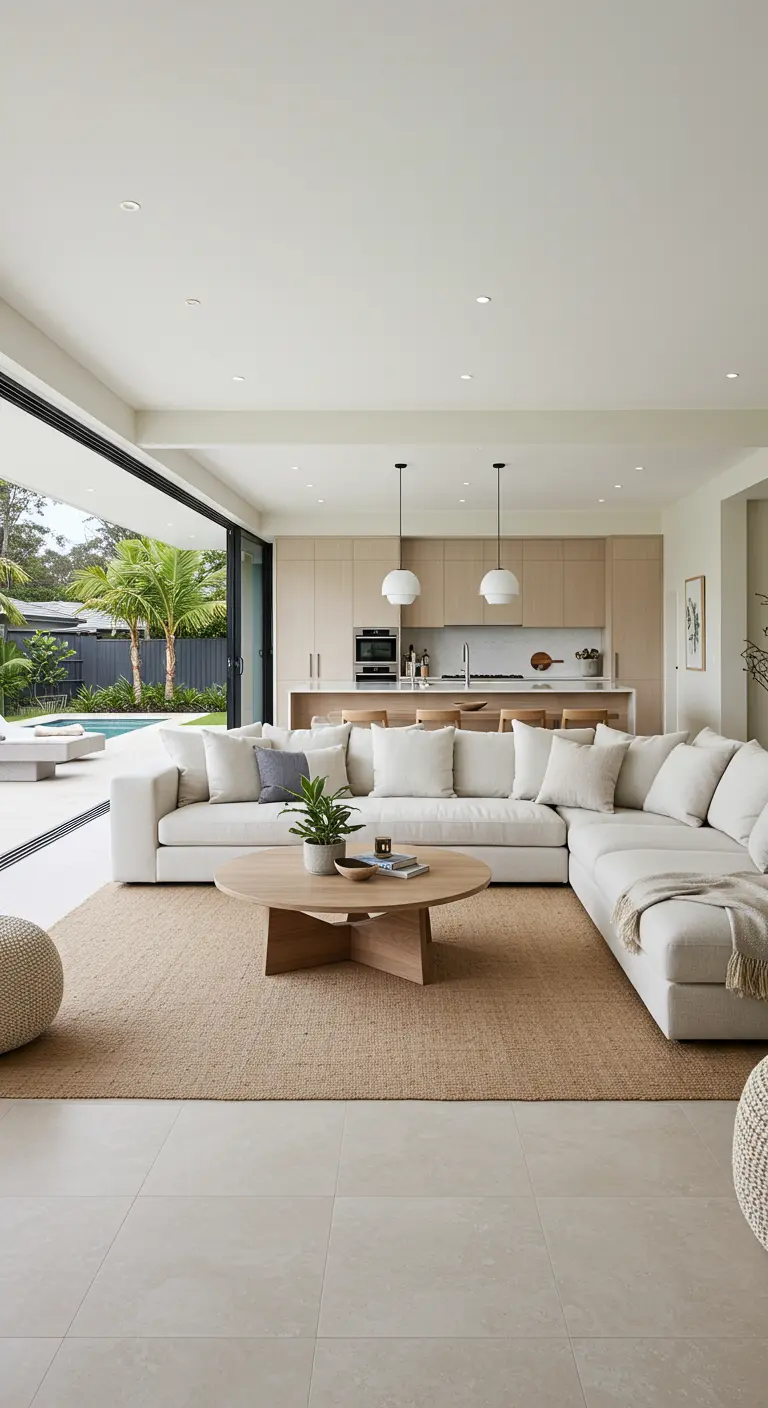 Espacio abierto con cocina de madera clara y un gran sofá seccional beige en la sala.