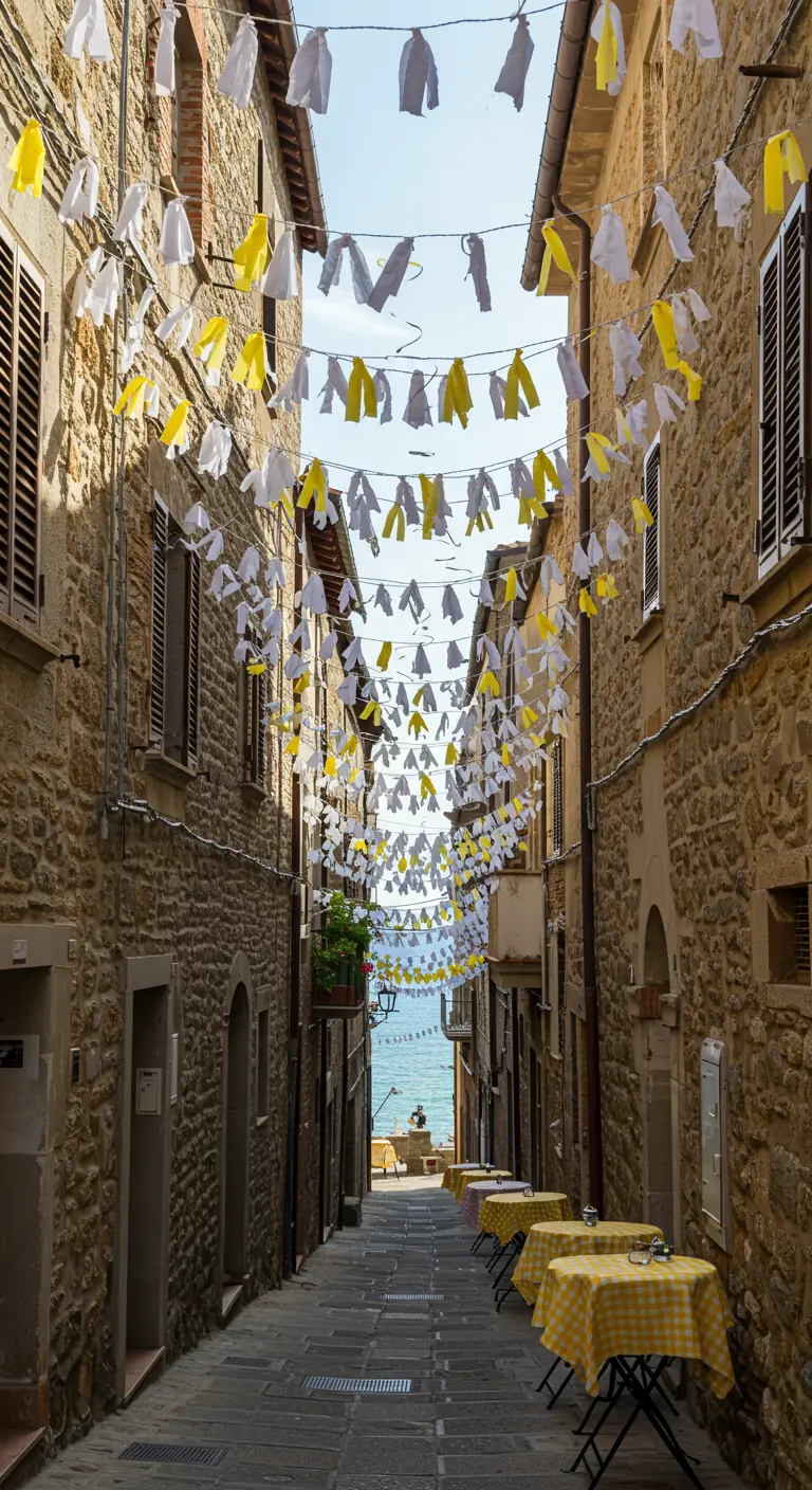Callejón empedrado con banderines de tela blancos y amarillos y mesas con manteles a cuadros.