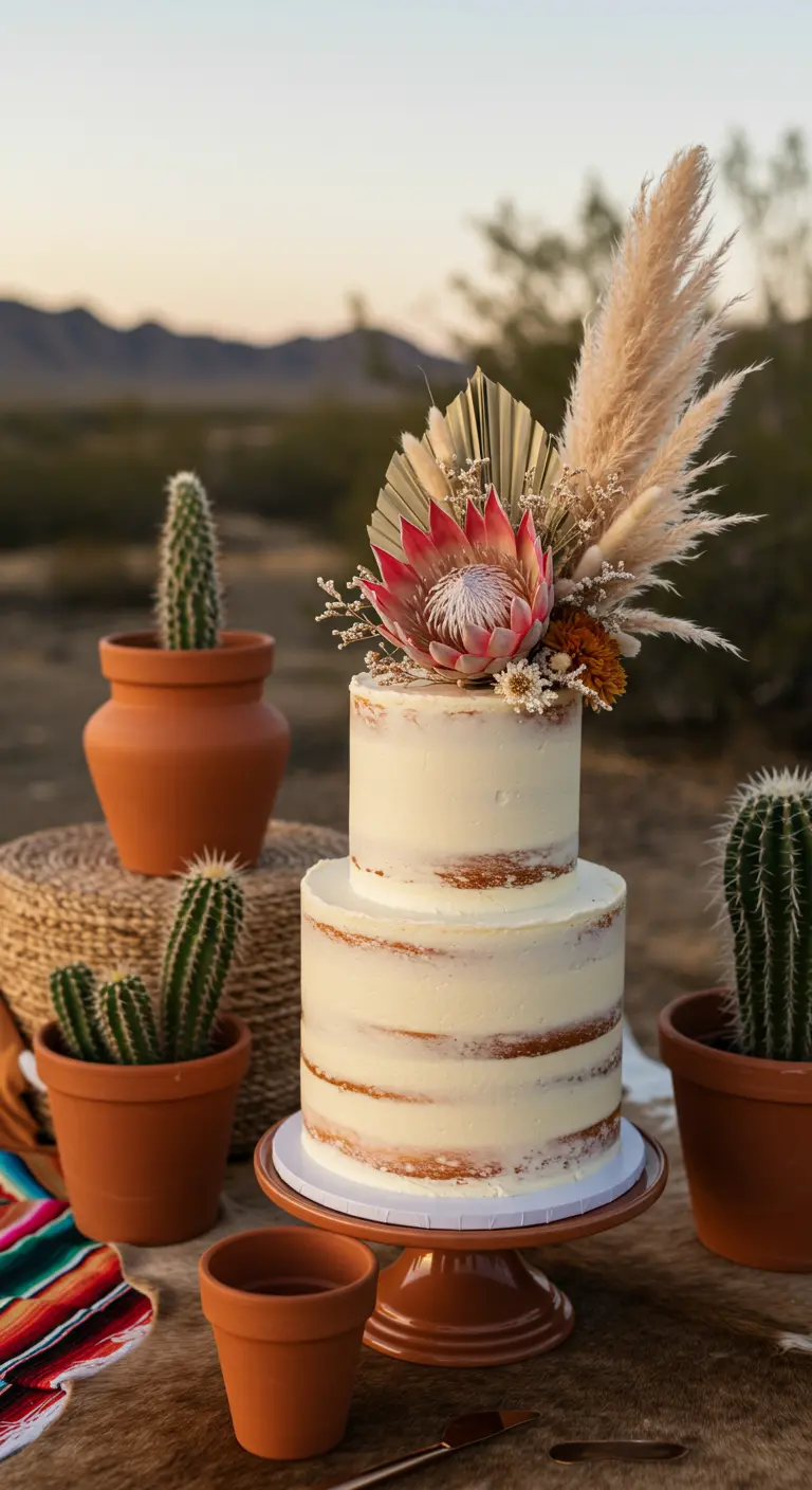Pastel de dos pisos decorado con una flor de protea y rodeado de cactus.
