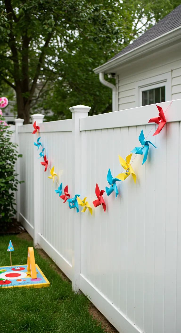 Guirnalda de molinillos de papel de colores colgada en una valla blanca de jardín.