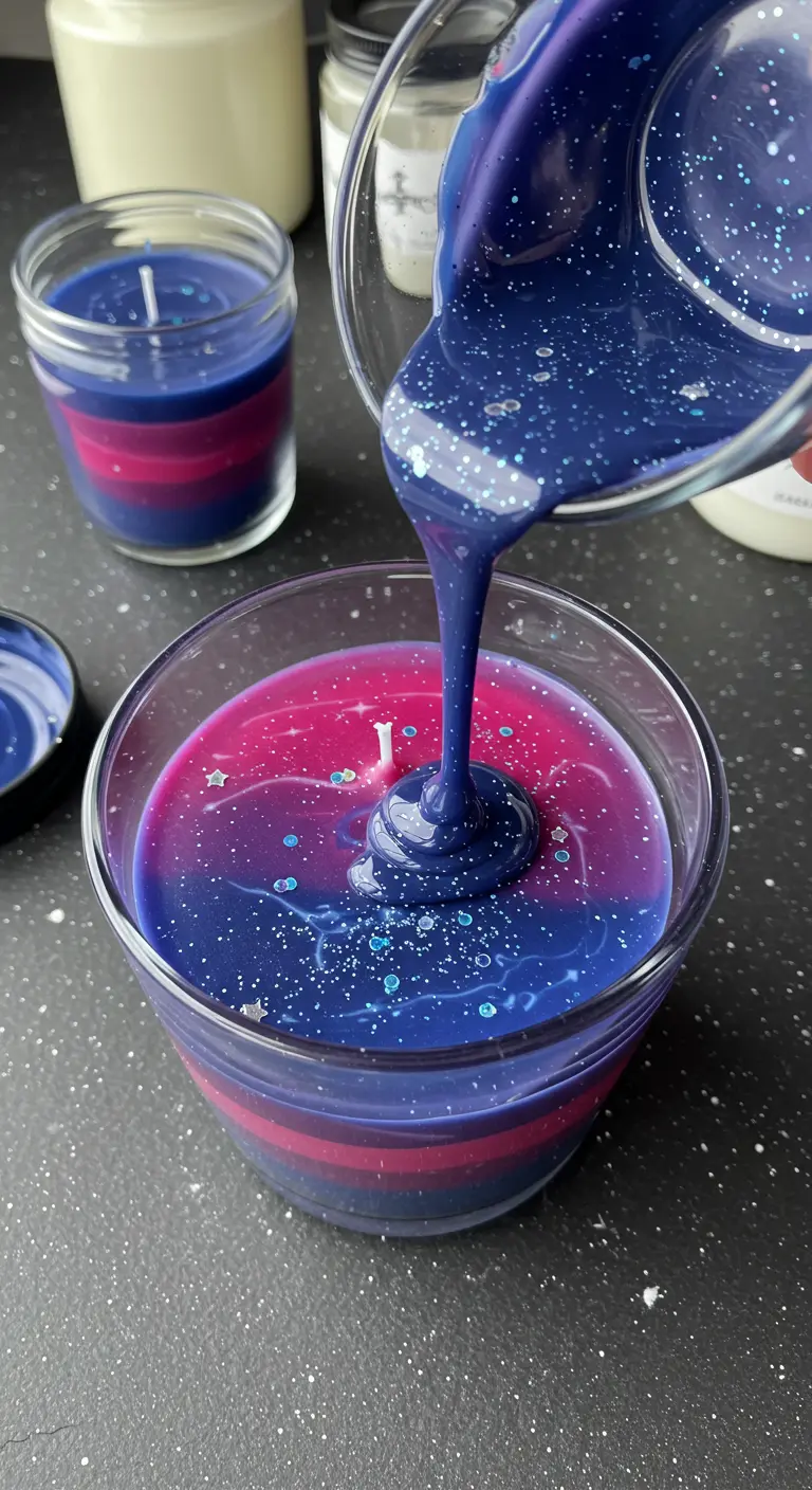Vertiendo cera líquida azul oscuro con purpurina sobre una capa rosa en un vaso de cristal.