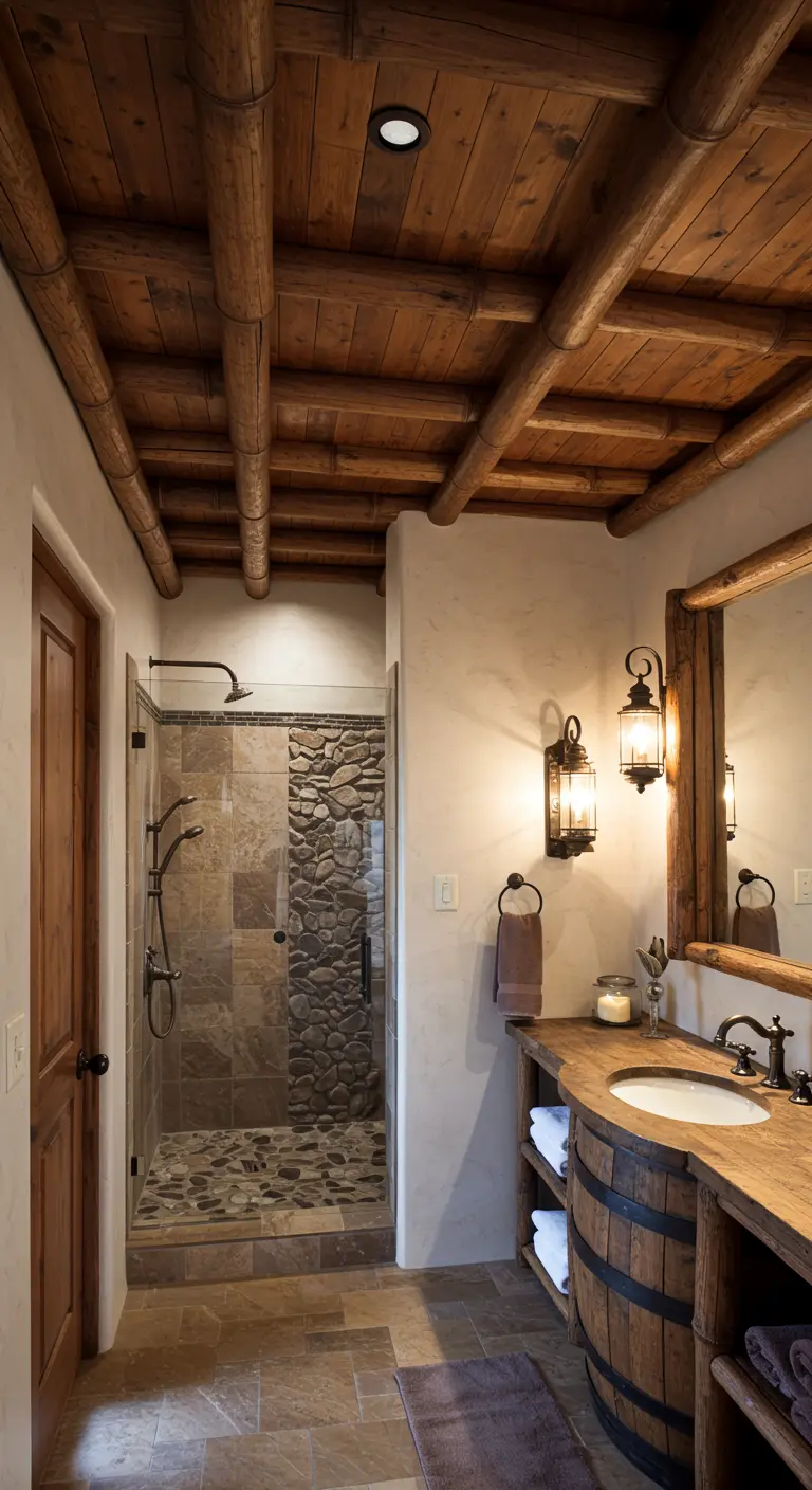 Baño rústico con un techo de vigas de bambú grueso y paredes de piedra.