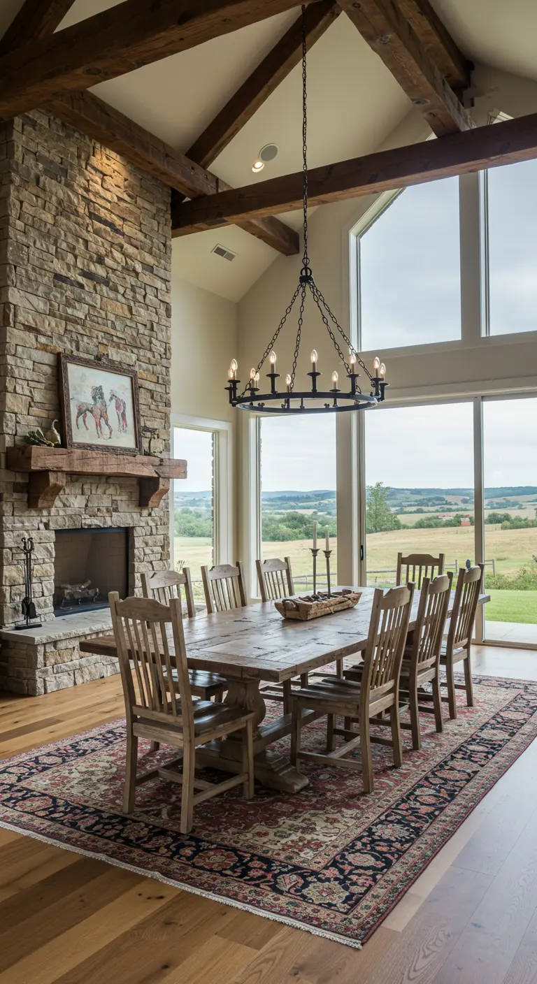 Comedor rústico con techo alto, vigas de madera, chimenea de piedra y lámpara de hierro forjado