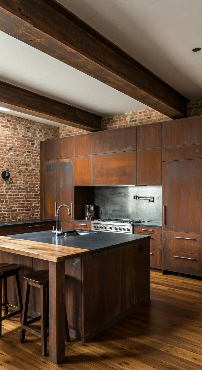 Cocina industrial con vigas de madera en el techo, armarios de acero y pared de ladrillo.