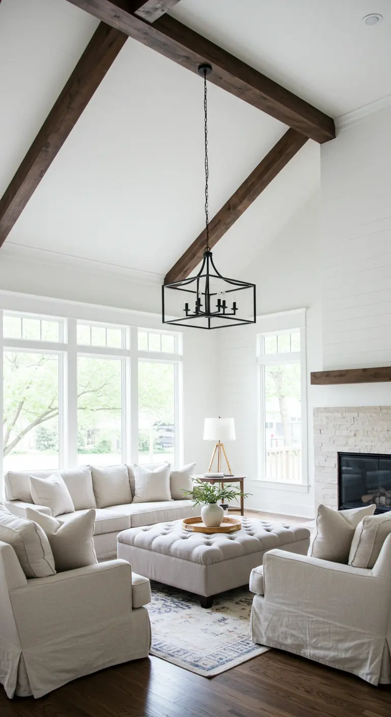 Sala de estar con techo alto abovedado y vigas de madera oscura a la vista