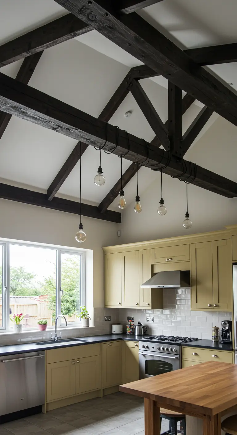 Cocina con techo de vigas de madera oscura y bombillas de filamento colgando de cables negros.