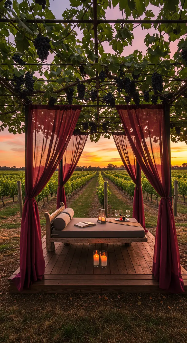 Cama de día con cortinas color vino en una plataforma de madera en medio de un viñedo al atardecer