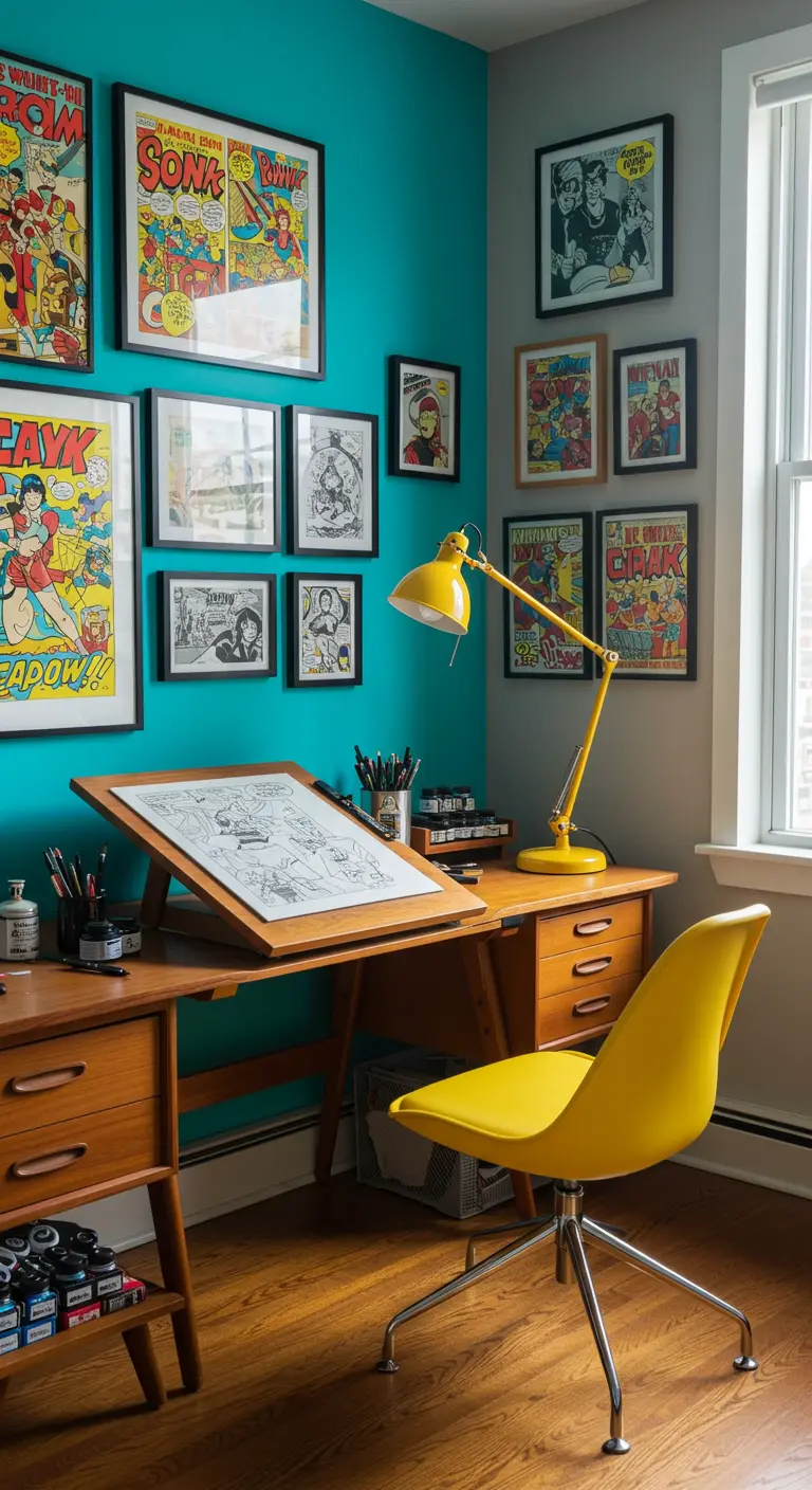 Estudio de un ilustrador con una pared turquesa, muebles de madera y una silla y lámpara amarillas.