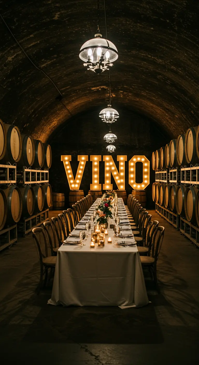 Letras luminosas que dicen VINO al final de una larga mesa en una bodega de vinos.