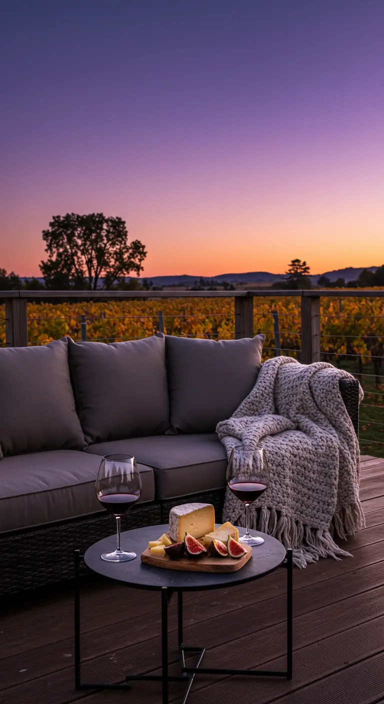 Sofá en una terraza con vistas a un viñedo al atardecer, con vino y queso.
