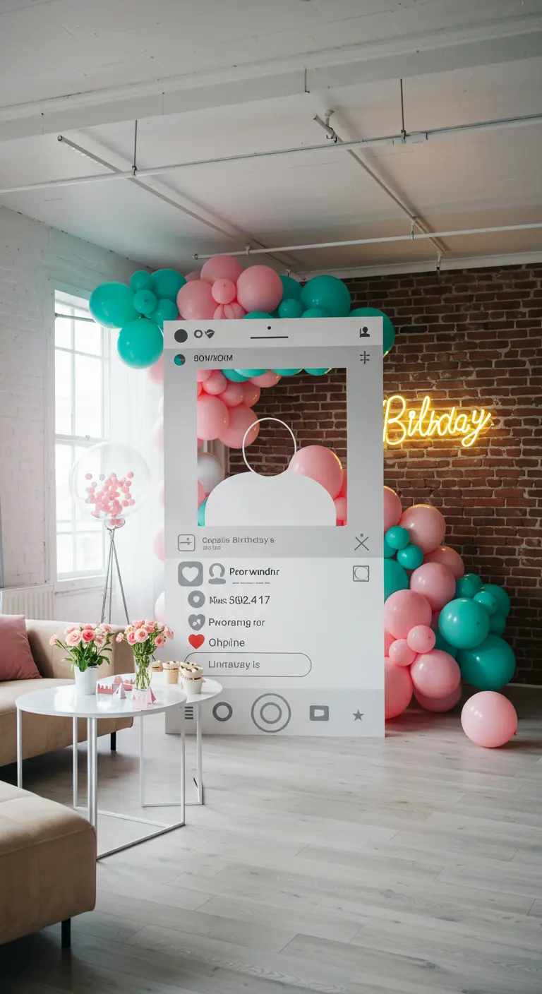 Photocall gigante con forma de publicación de red social, rodeado de globos rosas y turquesas.