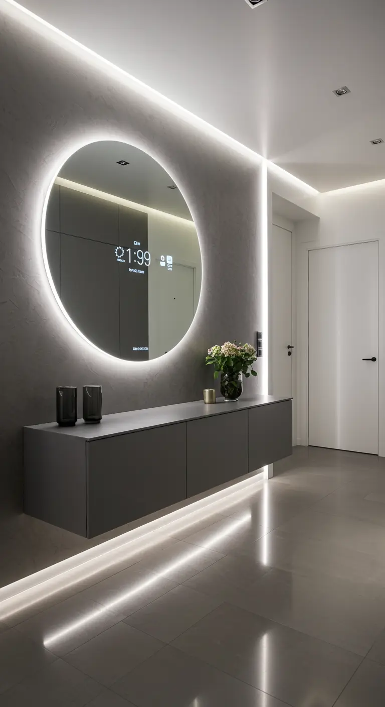 Recibidor futurista con paredes de hormigón, consola flotante y espejo redondo con iluminación LED integrada