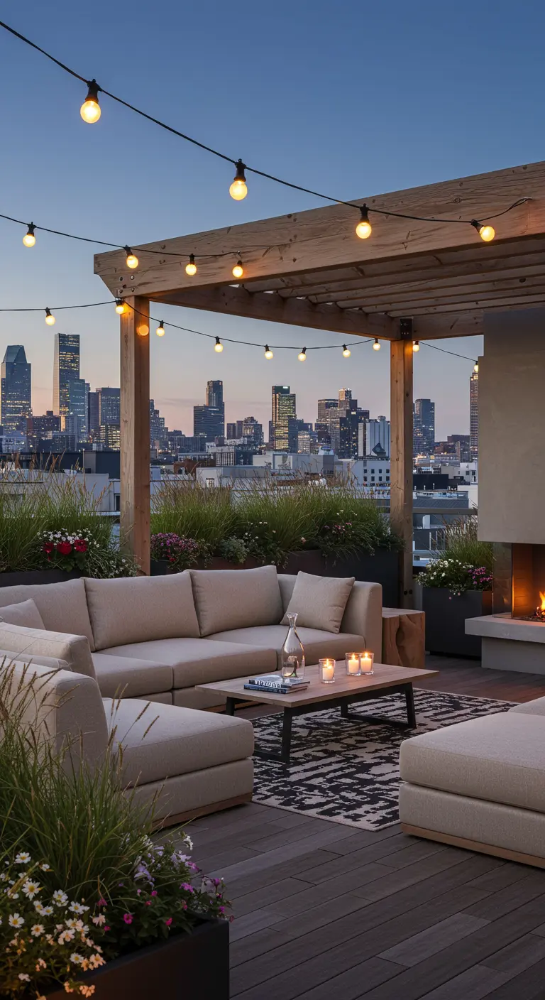 Azotea con pérgola de madera, luces de verbena y vistas a la ciudad.