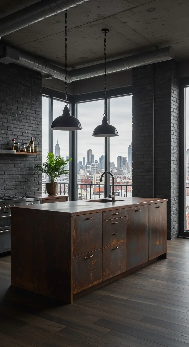 Cocina industrial con grandes ventanales que ofrecen vistas panorámicas a la ciudad.