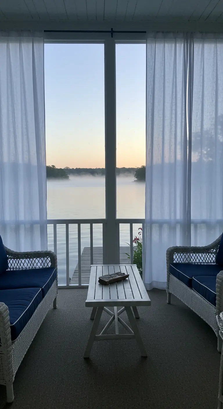 Porche con vistas a un lago, muebles de mimbre blanco con cojines azules y cortinas de gasa.