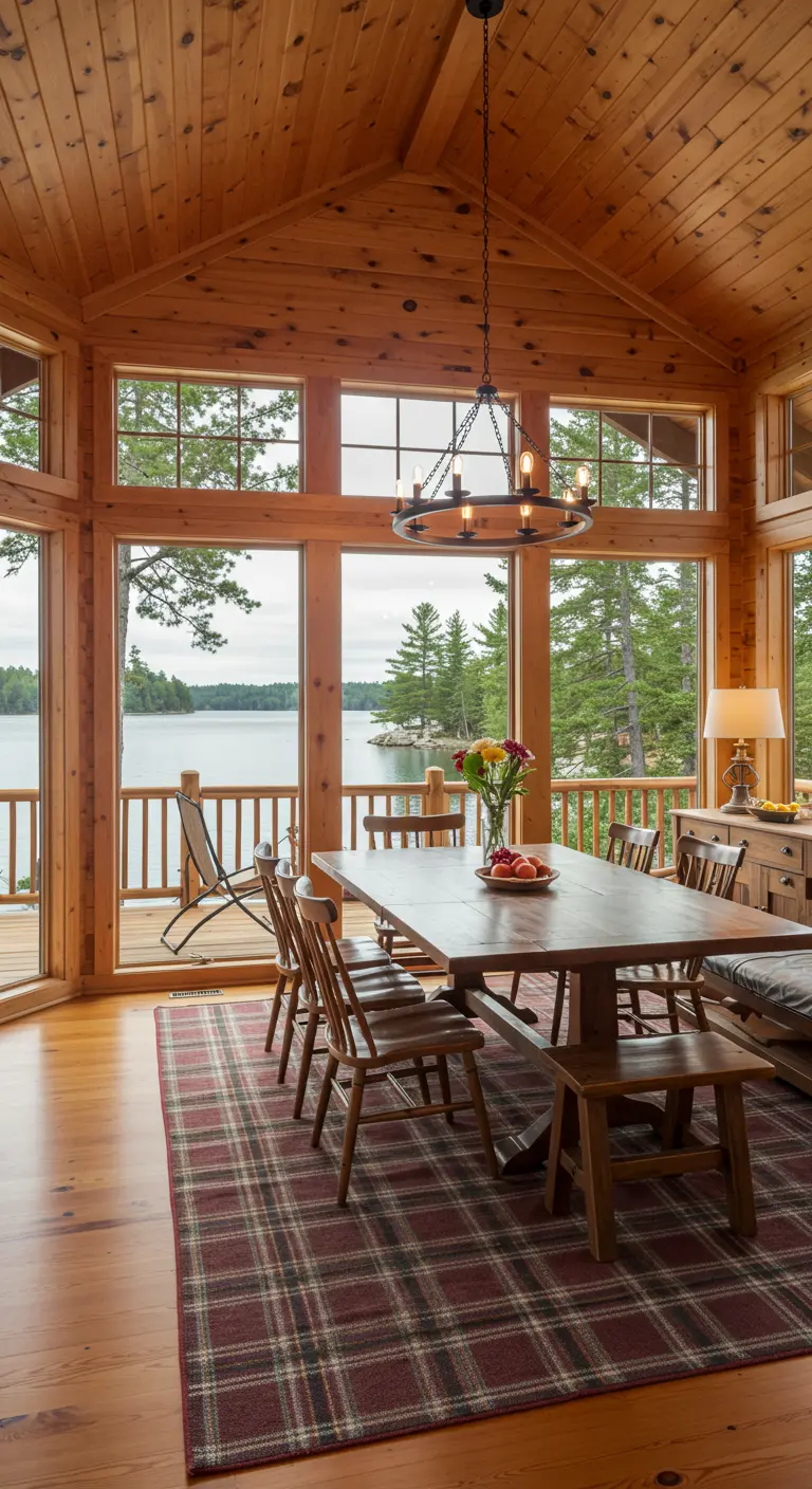 Comedor en una cabaña de pino con grandes ventanales y vistas a un lago