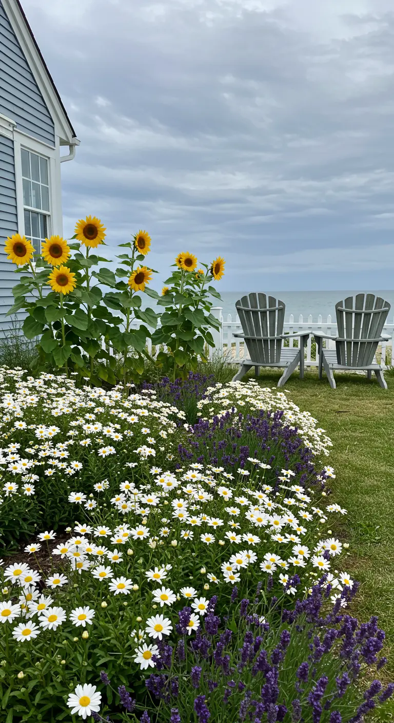 Jardín costero con macizos de flores y dos sillas Adirondack mirando hacia el mar.