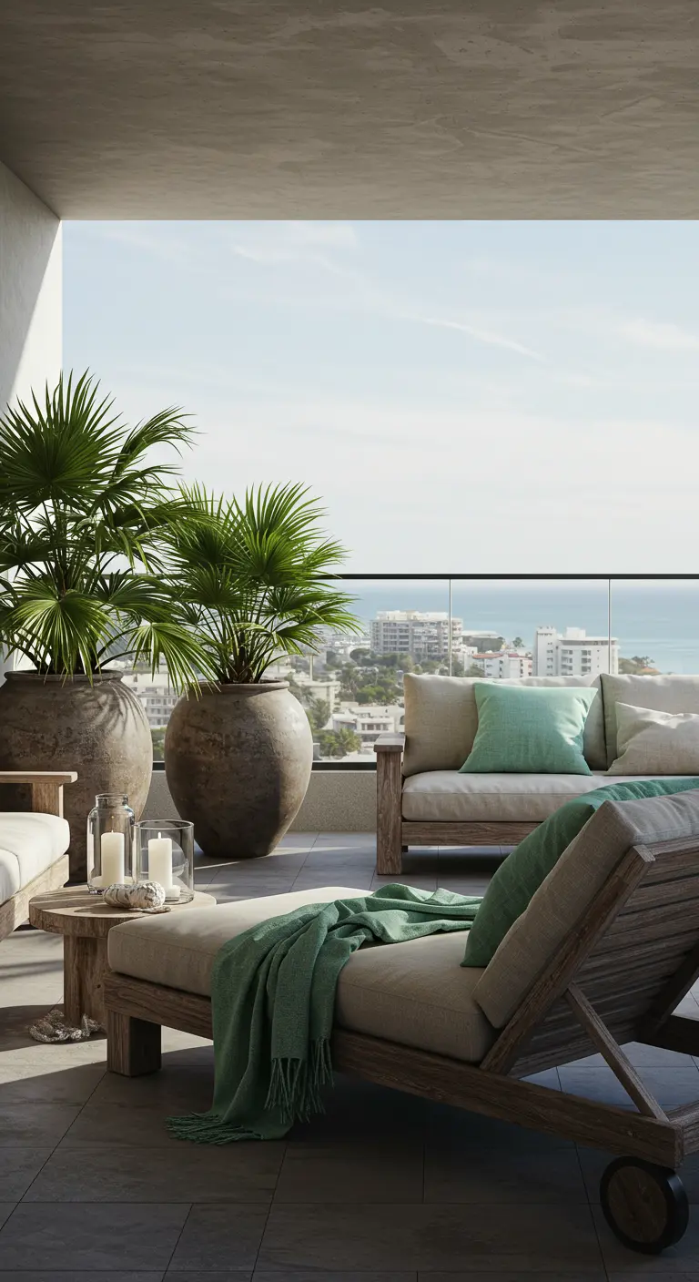 Terraza con vistas al mar, tumbonas de madera, y grandes palmeras en macetones de barro rústicos.