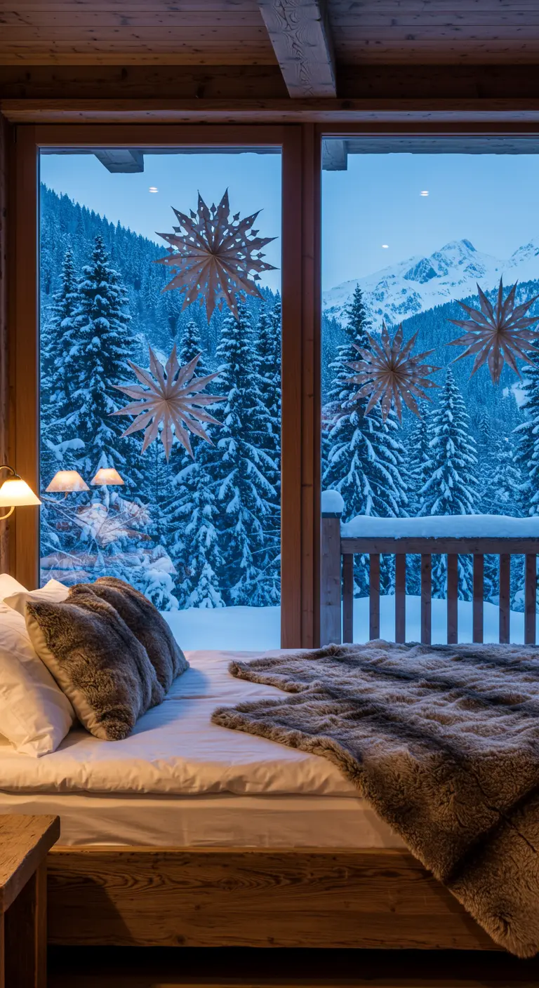 Estrellas de papel cuelgan en la ventana de un dormitorio con vistas a un bosque nevado.