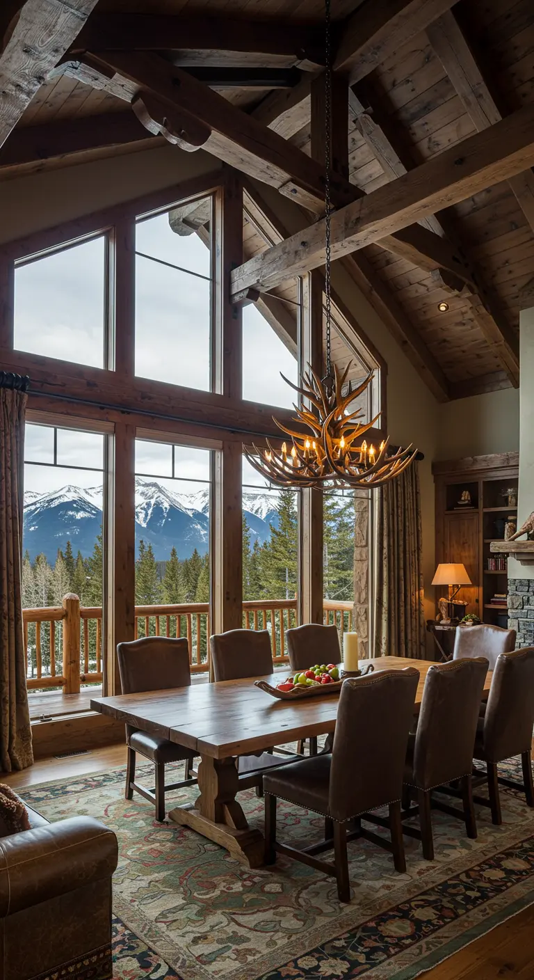 Comedor con techo abovedado de madera y grandes ventanales con vistas a montañas nevadas