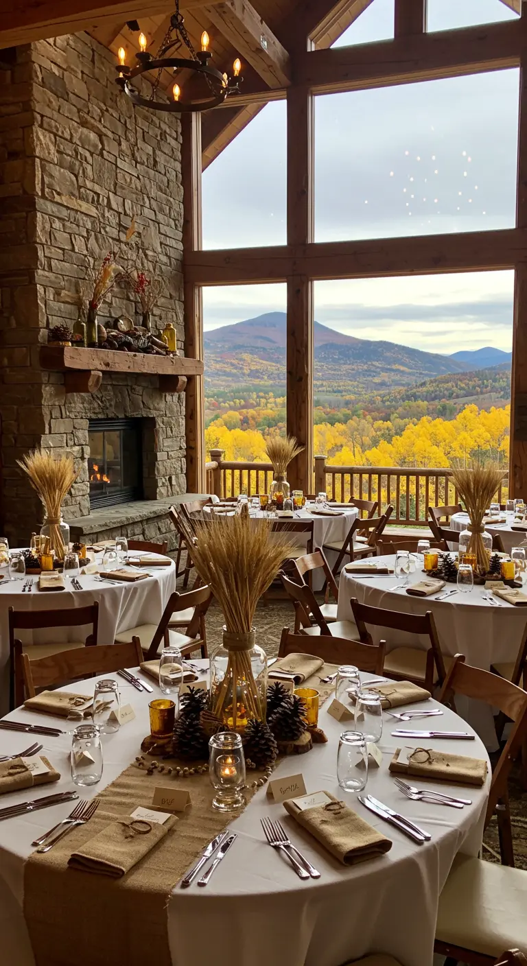 Mesas de boda en un salón rústico con vistas a un paisaje otoñal.