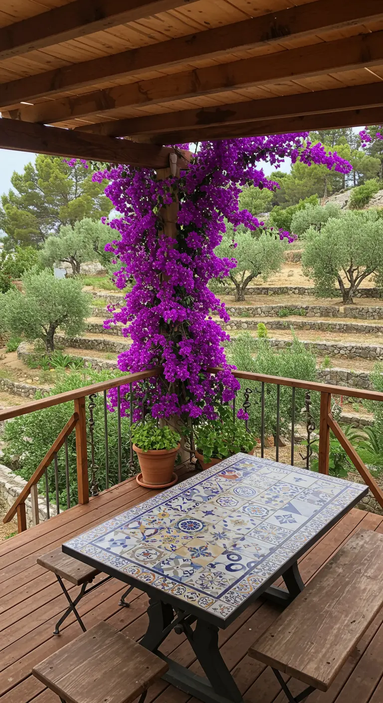 Terraza con vistas a un paisaje de olivos, con una mesa de comedor con un gran tablero de azulejos.