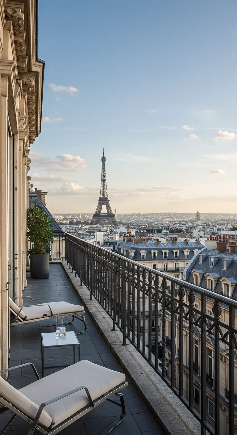 Terraza espaciosa con tumbonas modernas y vistas panorámicas de París y la Torre Eiffel