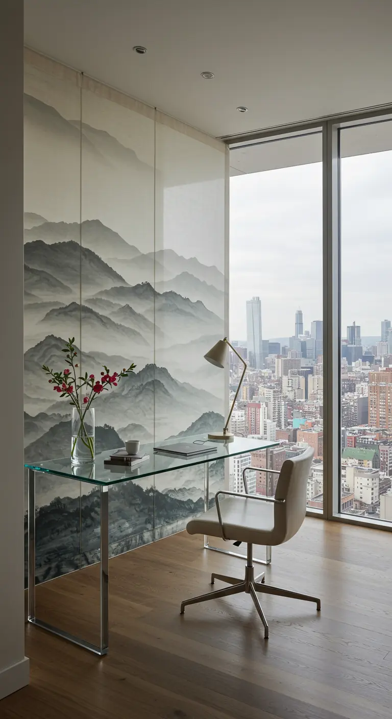 Oficina junto a un ventanal con paneles deslizantes que muestran montañas neblinosas.