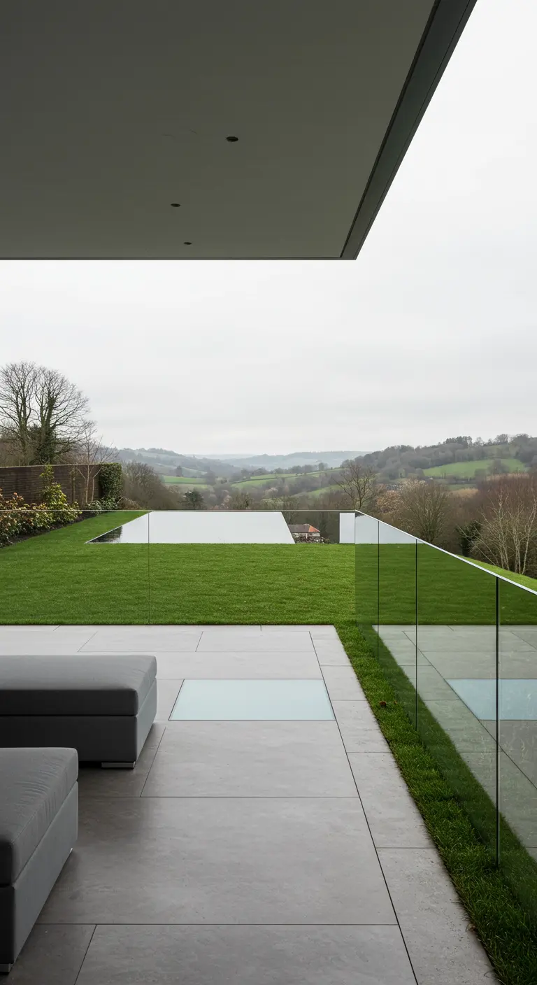 Terraza moderna con barandilla de cristal que ofrece una vista despejada de un paisaje verde.