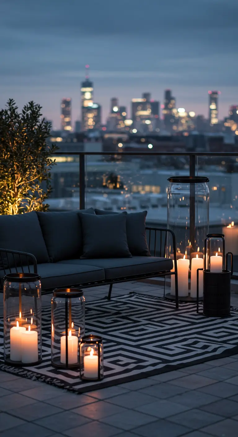 Terraza urbana con vistas a la ciudad, sofá moderno, alfombra geométrica y faroles con velas.