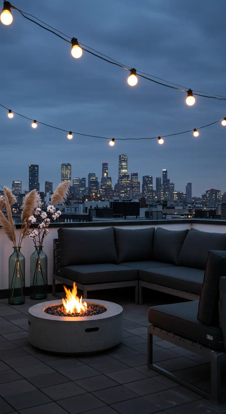 Terraza moderna en una azotea con un brasero de hormigón, sofás grises y luces colgantes.