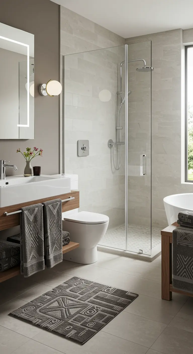 Baño moderno con toallas y una alfombra de baño con patrones geométricos de estilo tribal.