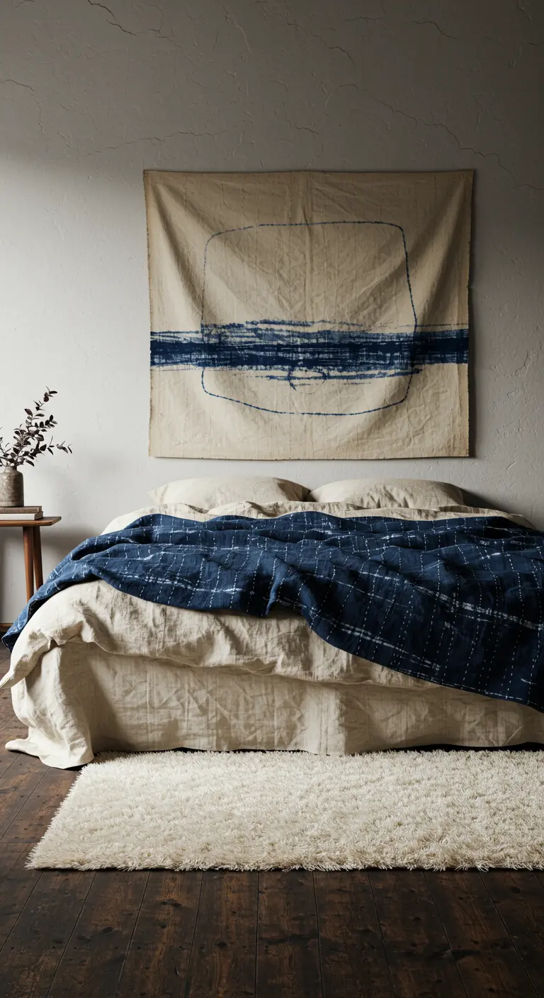 Dormitorio con un tapiz teñido a mano colgado sobre la cama y ropa de lino.