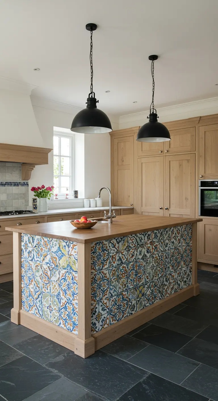 Isla de cocina con laterales revestidos de azulejos de colores y encimera y marco de madera.