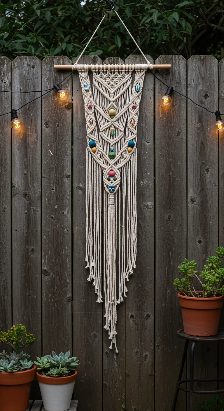 Tapiz de macramé con cuentas de colores vivos colgado en una valla de madera al aire libre.