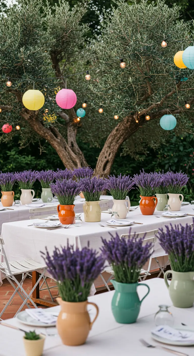 Mesa de celebración al aire libre con jarras de cerámica de colores llenas de ramos de lavanda.