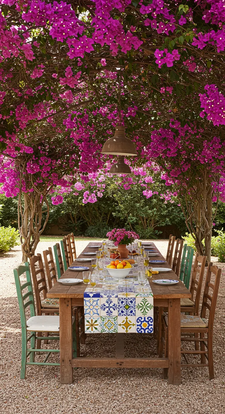 Larga mesa de comedor de madera bajo un techo de buganvillas, con un camino de mesa hecho de azulejos de colores.