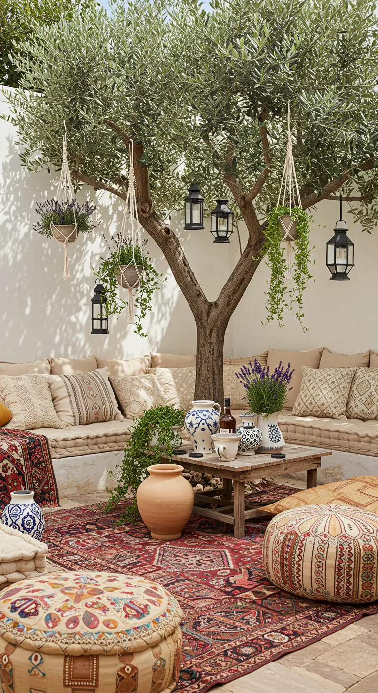 Patio de estilo boho-chic con sofás bajos, alfombras y plantas colgando de un olivo en macramé.