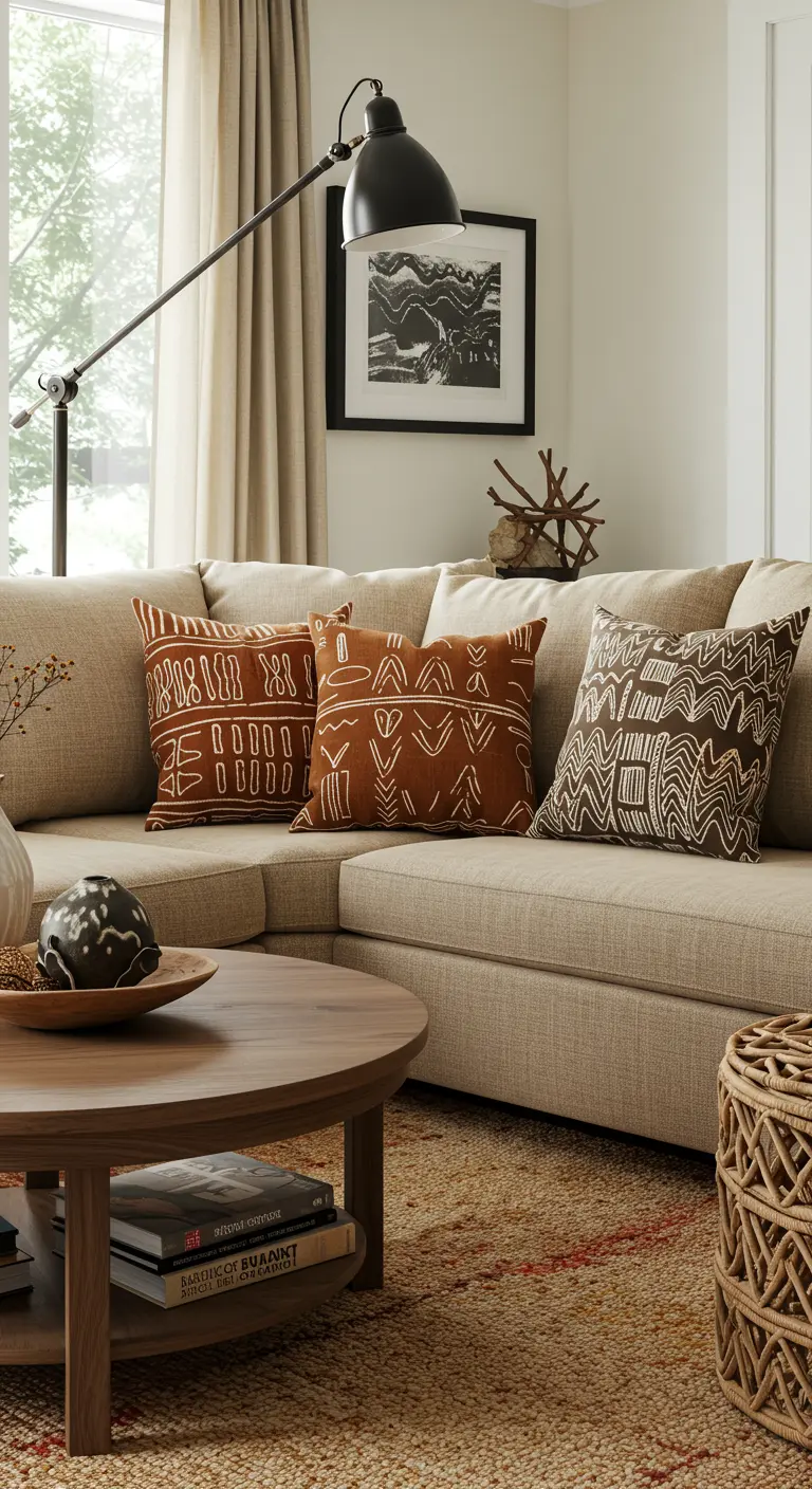Sofá beige con cojines de tela de barro (mudcloth) con patrones geométricos.